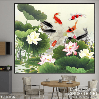 Tranh hoa sen cá chép dán tường đẹp