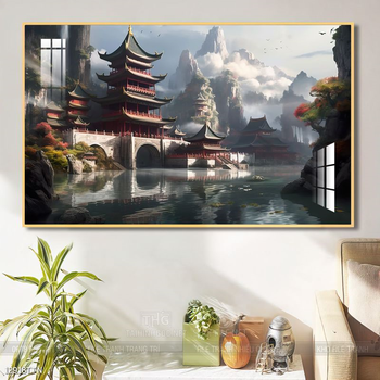 Tranh phon thủy sông, núi và mặt trời