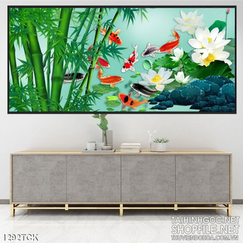 Tranh hoa sen cá chép và cây tre