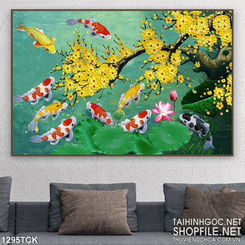 Tranh hoa sen cá chép và cành mai