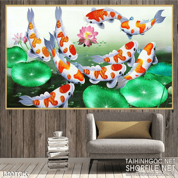 Tranh cá chép hoa sen treo phòng khách