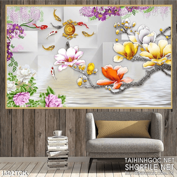 Tranh tường hoa sen cá chép đẹp