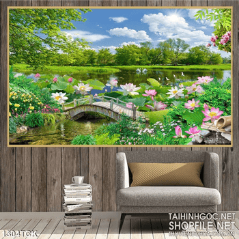 Tranh phong cảnh hoa sen treo phòng khách đẹp