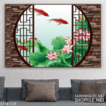Tranh khung cửa hoa sen cá chép