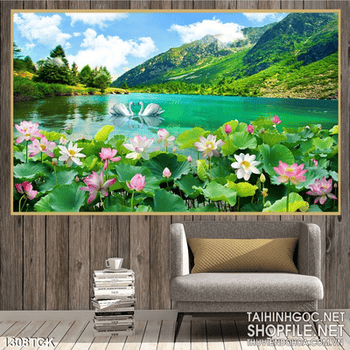 Tranh đôi thiên nga trên hồ sen