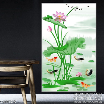 Tranh thư pháp hoa sen cá chép