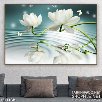 Tranh bông sen trắng trên mặt nước