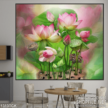 Tranh hoa sen đẹp treo phòng khách