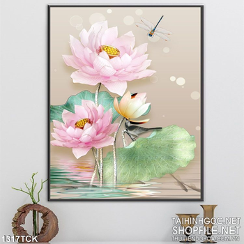 Tranh lụa hoa sen hồng