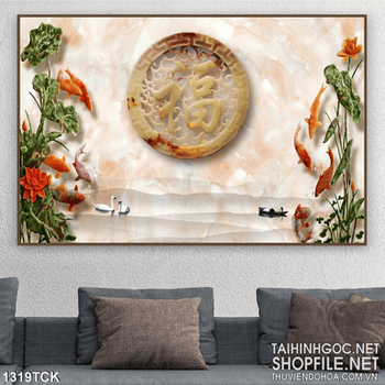 Tranh tường hoa sen cá chép giả ngọc