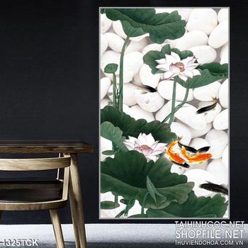 Tranh hoa sen cá chép trên nền đá sỏi