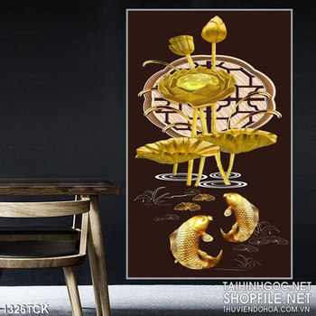 Tranh hoa sen cá chép mạ vàng