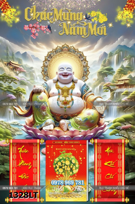 File tranh lịch tết tài lộc phật di lạc vàng phong thủy 1328LT