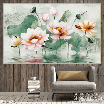 Tranh sen hồng nhụy vàng