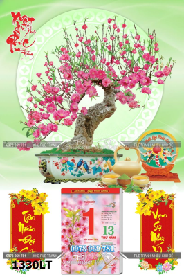 File tranh lịch tết bonsai đào hồng ngày tết rực rỡ 1330LT