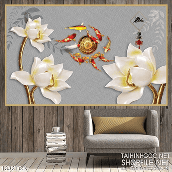 Tranh sen trắng cá chép vàng