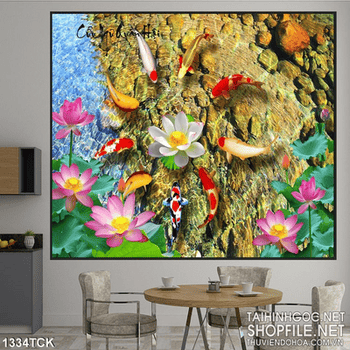 Tranh cá chép vây sen trắng