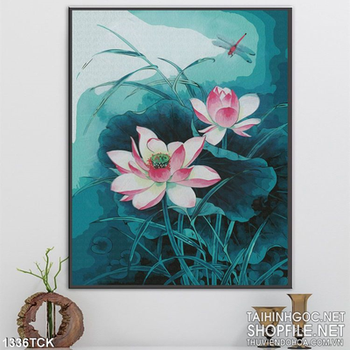 Tranh in màu sen và chuồn chuồn