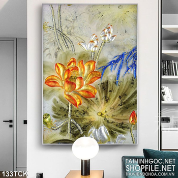 Tranh hoa sen, cá chép giả ngọc