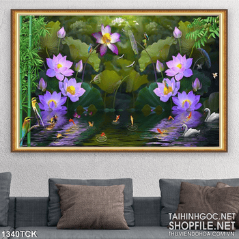 Tranh hoa sen tím trong đầm