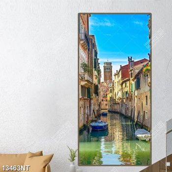 Tranh psd con sông chảy qua thành phố