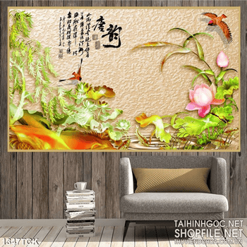 Tranh in kính 3D sen hồng bên đầm nước