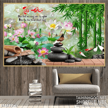 Tranh hoa sen nở bên rặng trúc