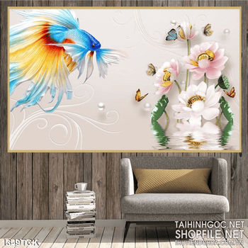 Tranh cá sim betta xanh bên sen
