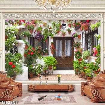 Tranh ngôi nhà trang trí nhiều hoa