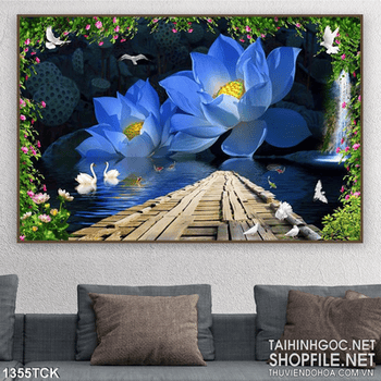 Tranh hoa sen xanh nở rộ