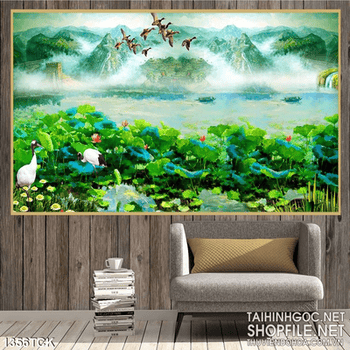 Tranh in tường đầm sen xanh