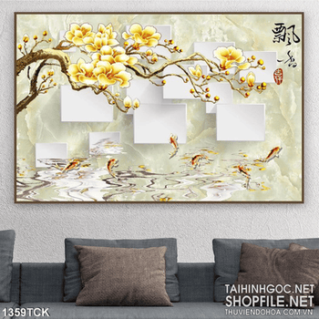 Tranh cá Koi thưởng mai vàng