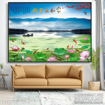 Tranh hoa sen, cá chép mùa xuân