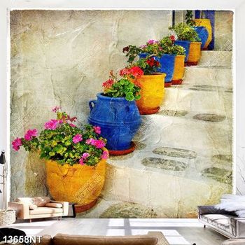 Tranh chậu hoa đặt trên cầu thang