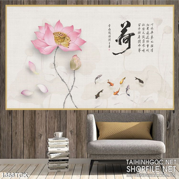 Tranh sen hồng nở bên cá Koi