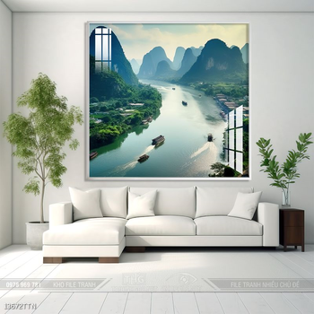 Tranh phon thủy sông, núi và mặt trời