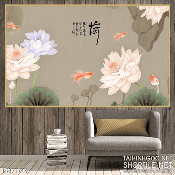 Tranh in màu sen và cá