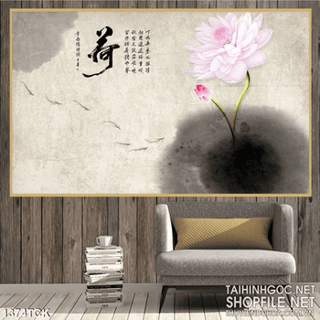 Tranh in màu nước sen hồng nở