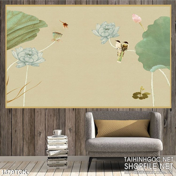 Tranh sen xanh cùng chim hót