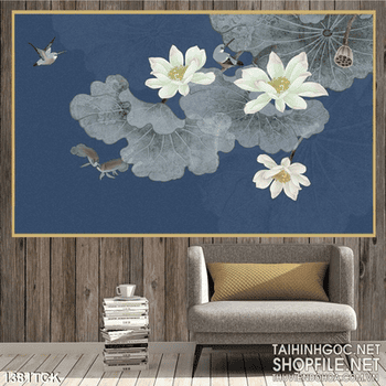 Tranh in màu hoa sen trắng