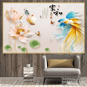 Tranh ngọc 3D cá  sim betta và sen