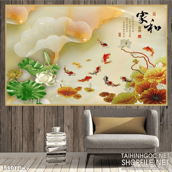 Tranh ngọc sen và cá Koi