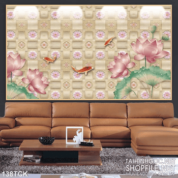 Tranh hoa sen, cá chép giả ngọc in gạch