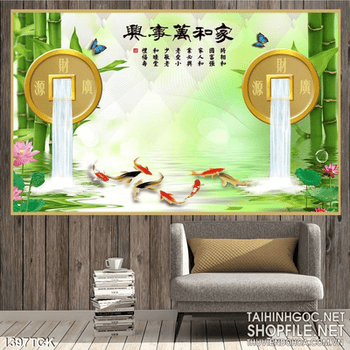 Tranh hoa sen và thác nước