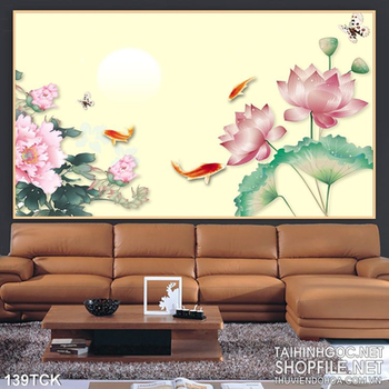 Tranh hoa sen, cá chép và trăng