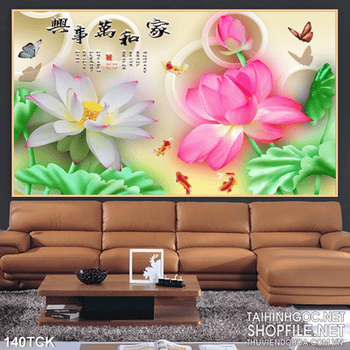 Tranh hoa sen, cá chép thư pháp phong thủy