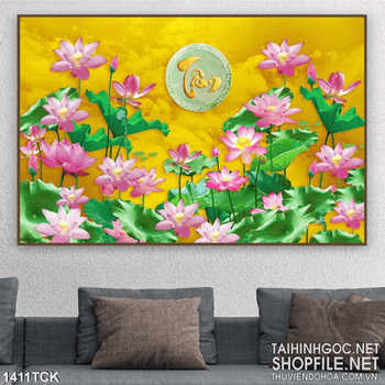 Tranh sen đua nở chữ Tâm