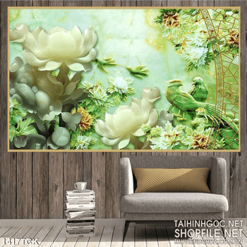 Tranh in kính sen xanh và chim