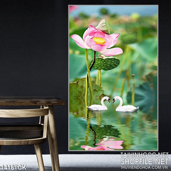 Tranh hoa sen và thiên nga trong đầm