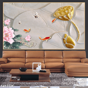 Tranh hoa sen, cá chép giả ngọc treo tường